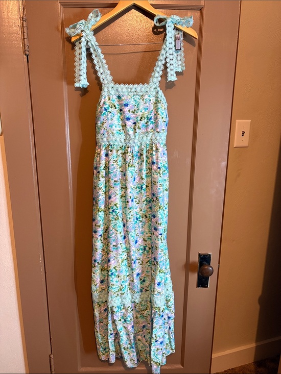 Dresses & Skirts - Floral Crochet-Trim Tie-Strap Maxi Dress - Mint Floral